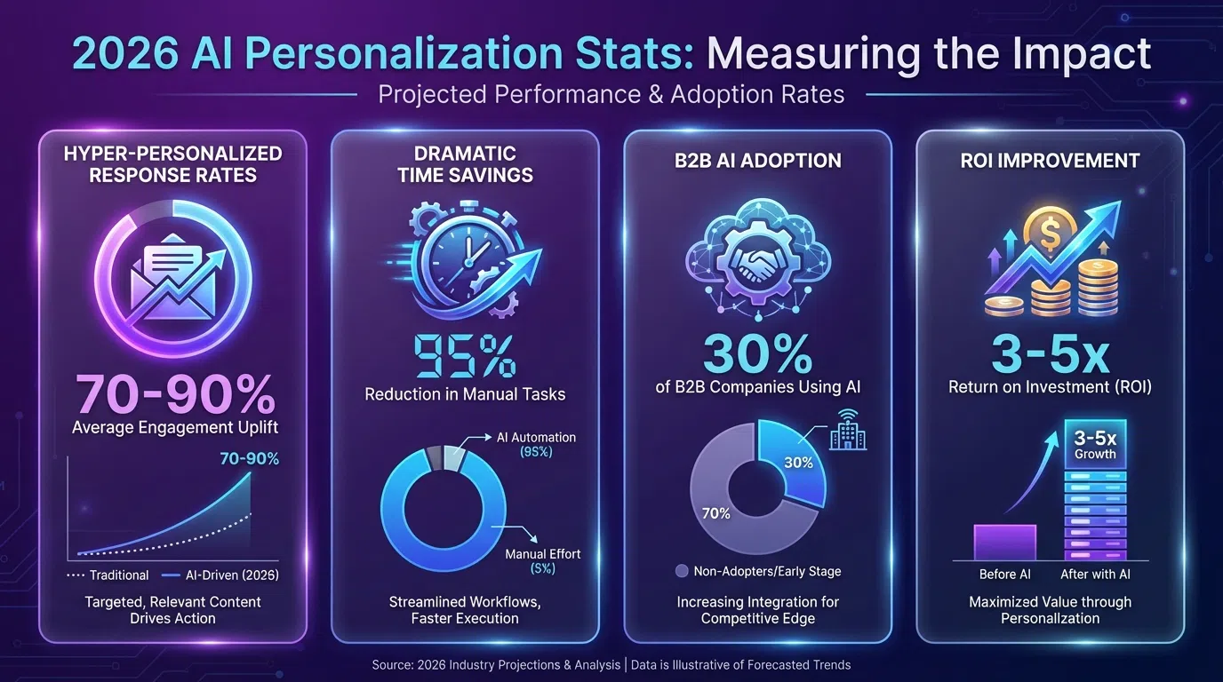 AI sales personalization statistics dashboard showing adoption rates, response rates, and revenue impact across B2B sales teams