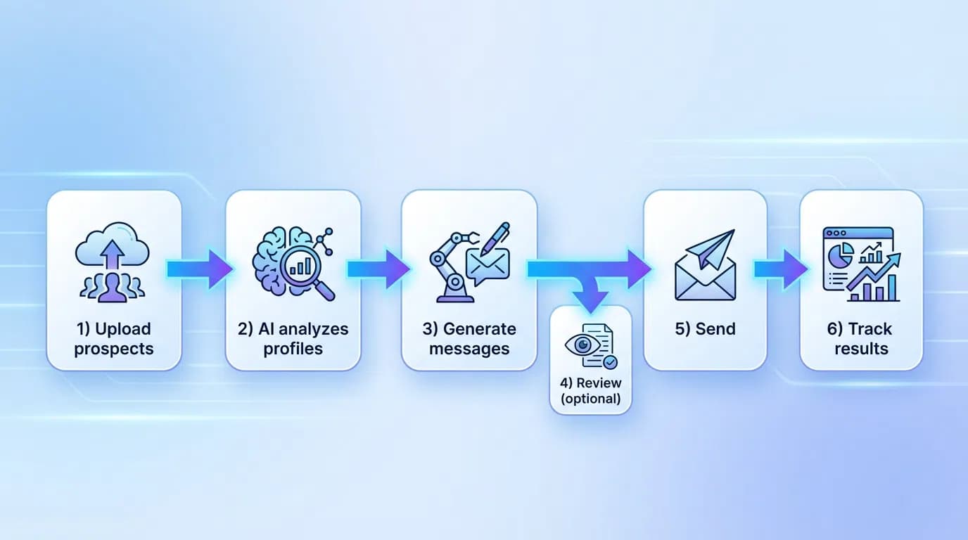 AI personalization workflow diagram showing data collection, analysis, message generation, and continuous optimization loops