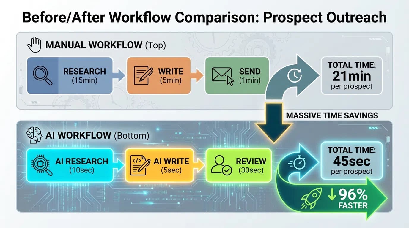 Before/after comparison showing manual prospecting workflow vs AI-powered workflow with time savings and capacity increase