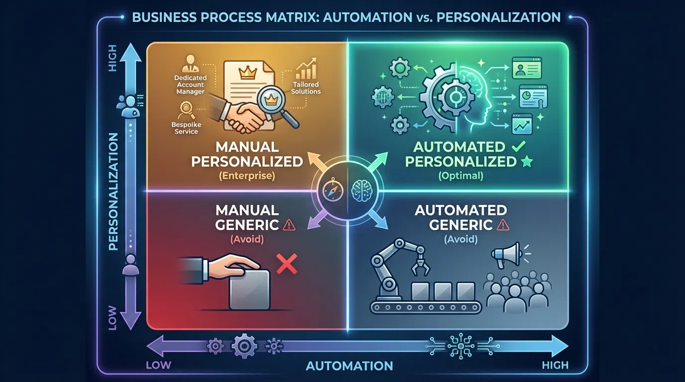 Four quadrant matrix showing automation vs personalization approaches and outcomes