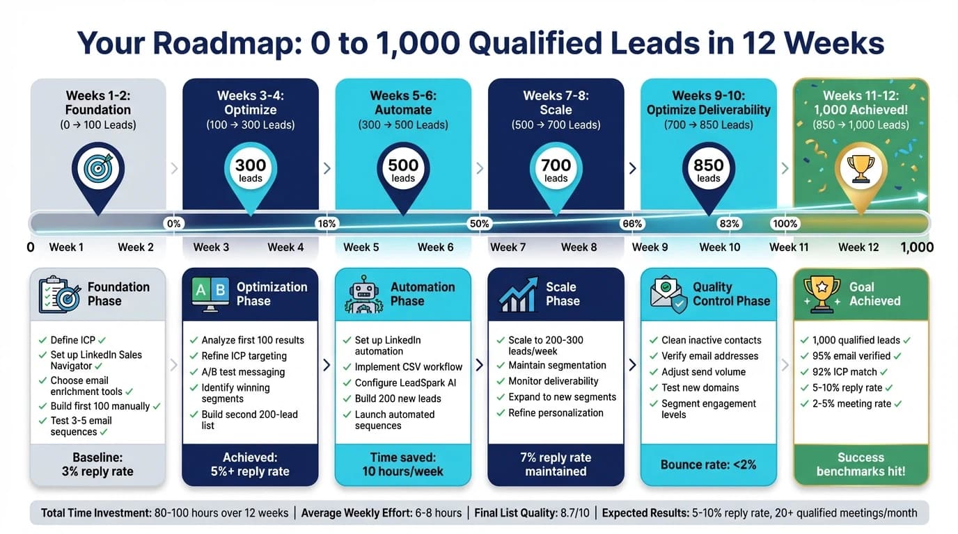 12-week timeline roadmap showing the journey from 0 to 1,000 qualified B2B leads with 6 milestone phases and key tasks at each stage
