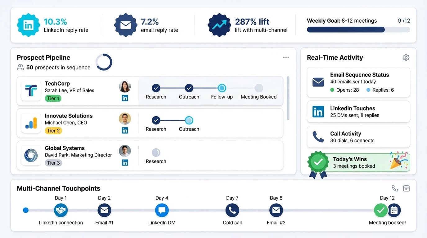 B2B prospecting dashboard showing multi-channel workflow with 10%+ LinkedIn reply rates