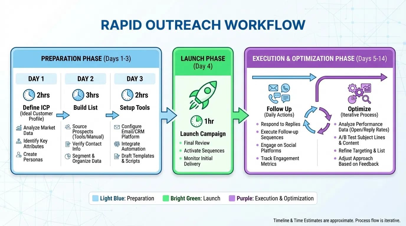 Fast-track outreach workflow showing AI research, template creation, and automated sequence launch timeline