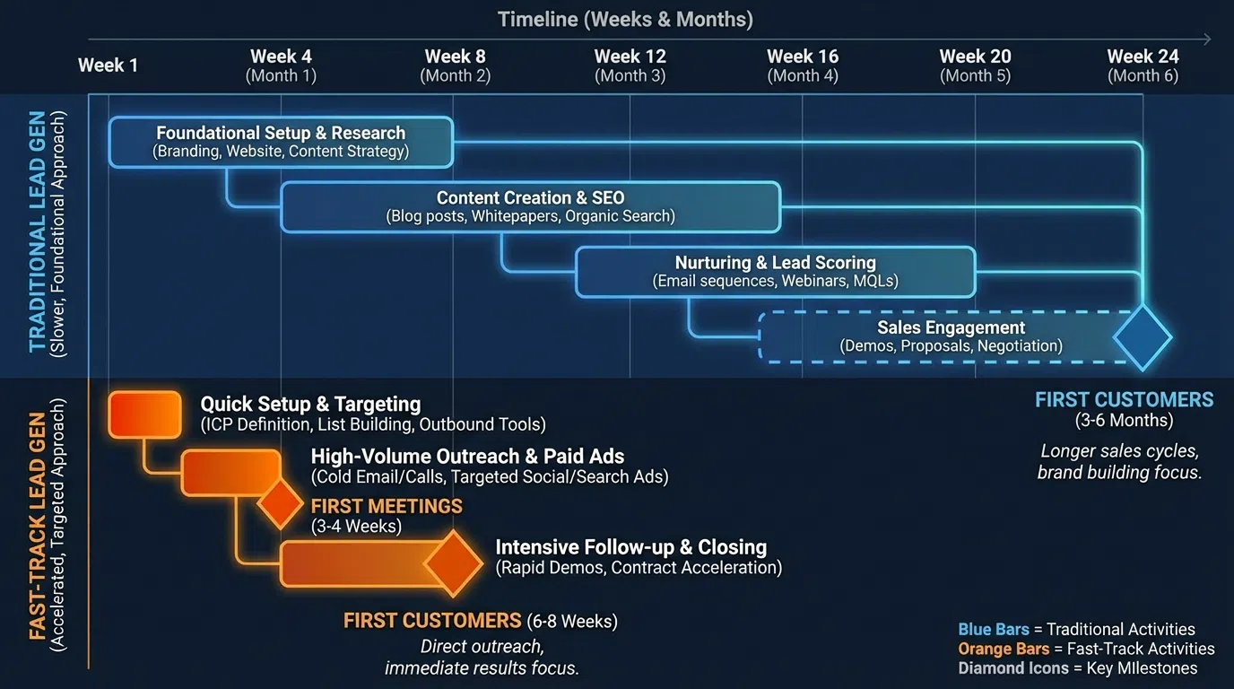 Timeline infographic showing traditional 60-90 day lead generation vs fast-track 7-14 day approach with key milestones