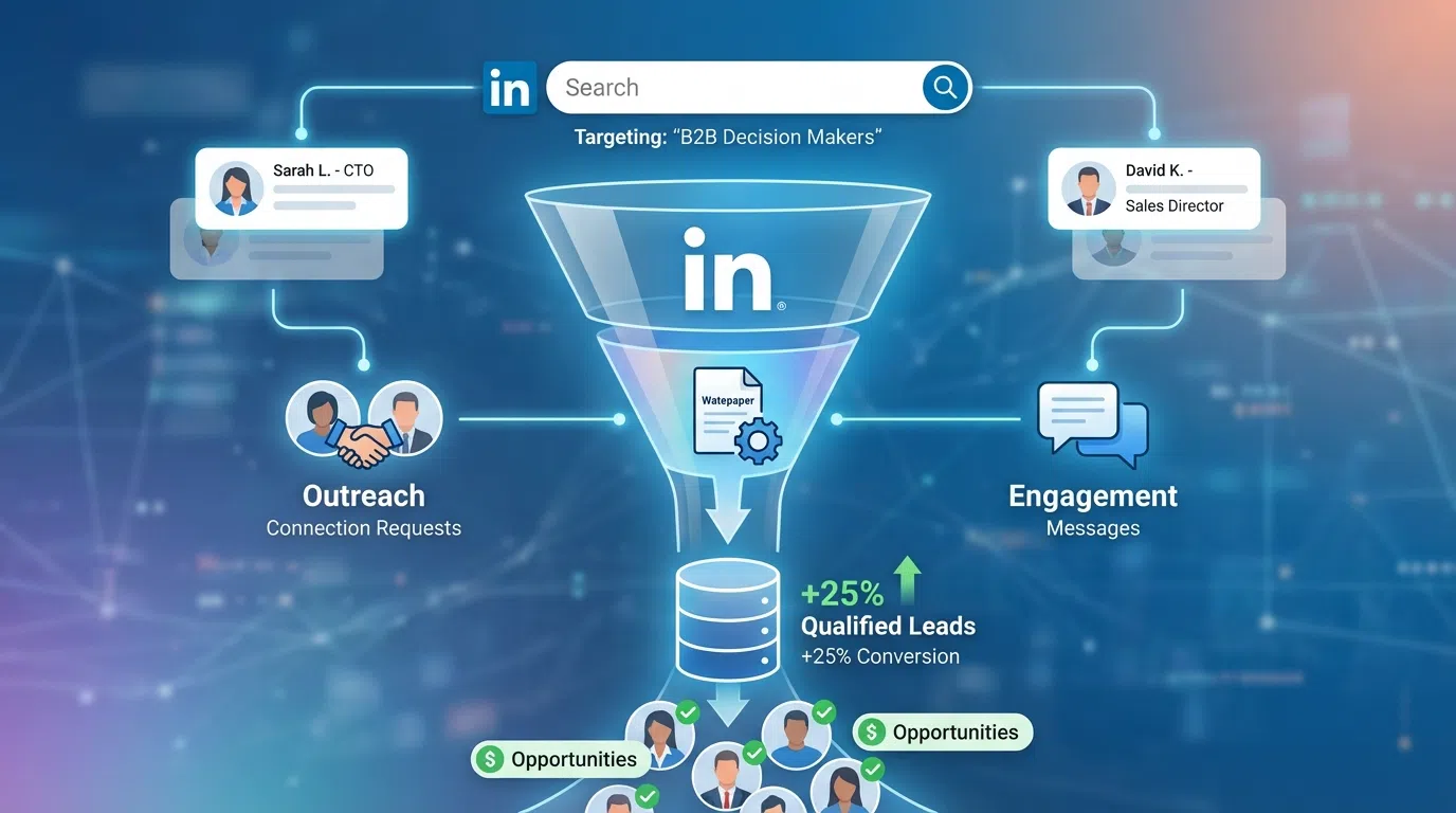 LinkedIn lead generation process flowchart showing complete workflow from profile optimization to qualified meetings