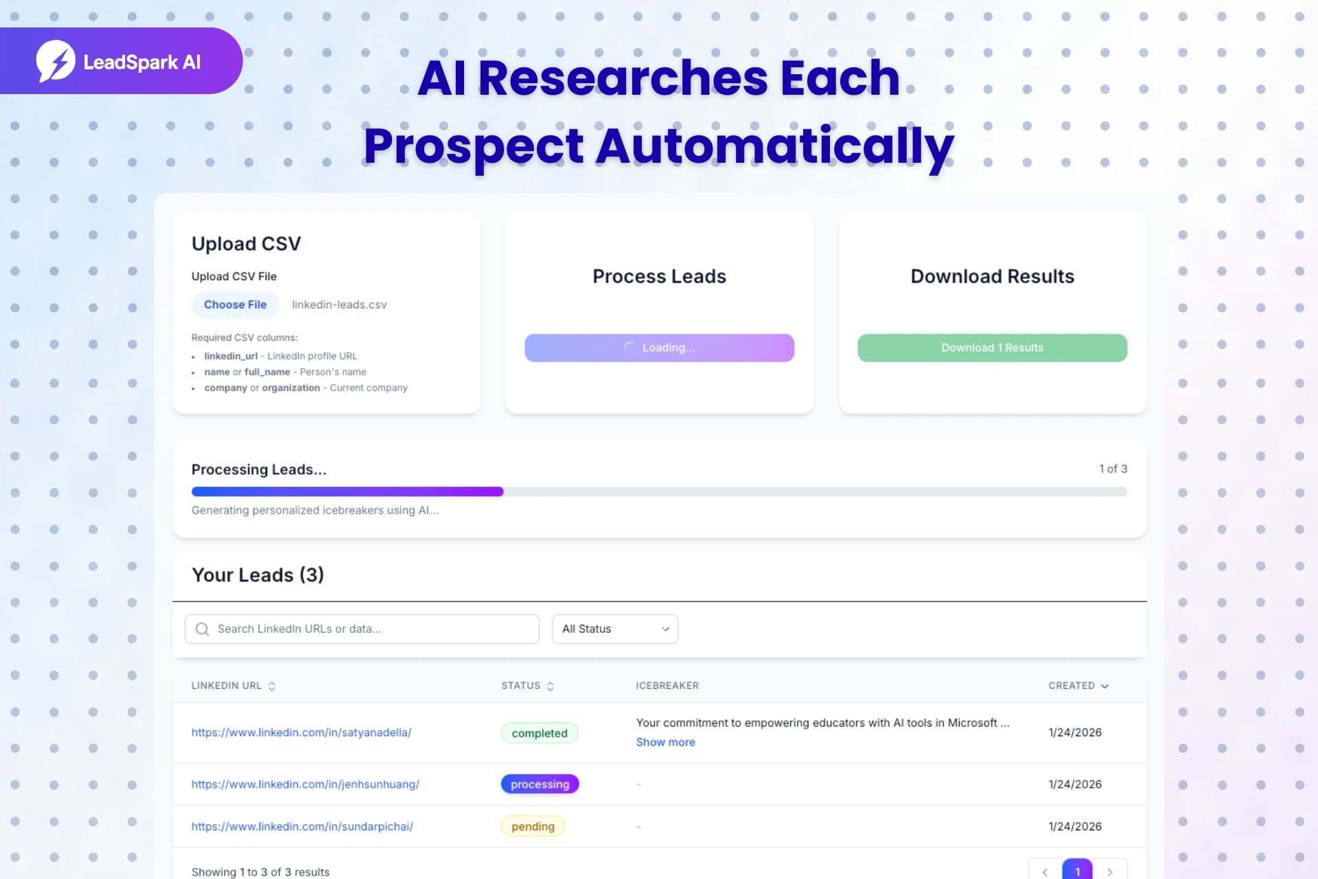 LeadSpark AI dashboard showing CSV upload and lead processing interface