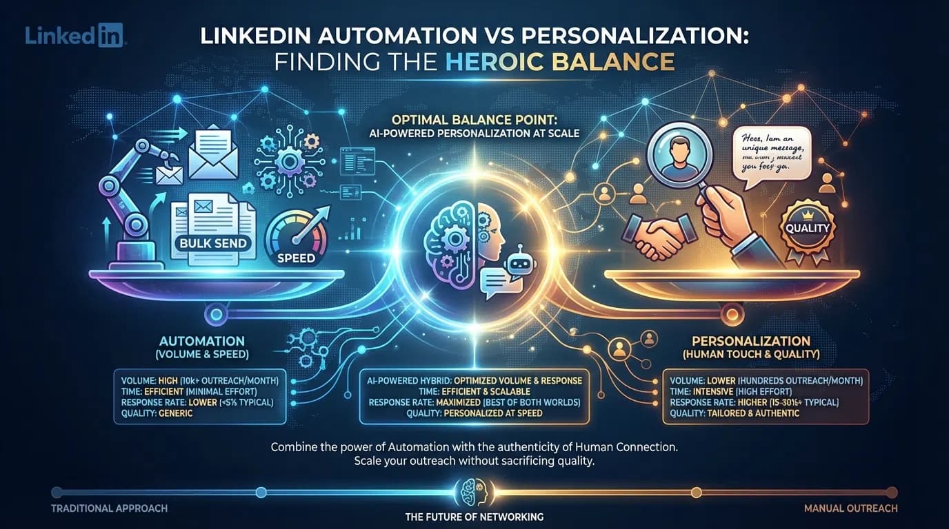 LinkedIn automation and personalization balance dashboard showing AI-assisted workflow and response metrics