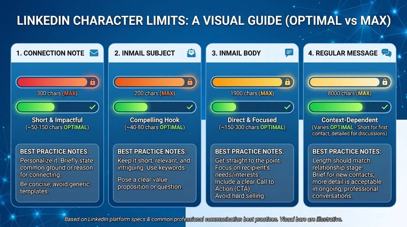 LinkedIn character limits breakdown by message type and account level