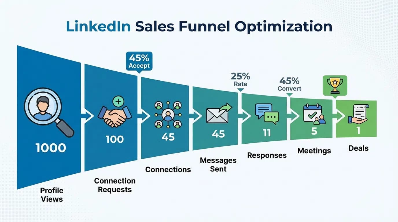 LinkedIn lead generation dashboard showing conversion funnel from profile views to qualified leads