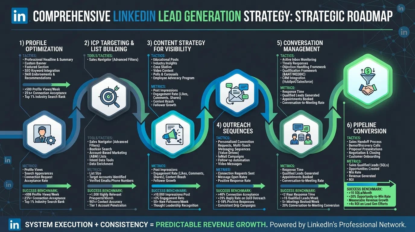 LinkedIn lead generation strategy dashboard showing B2B conversion metrics and lead flow