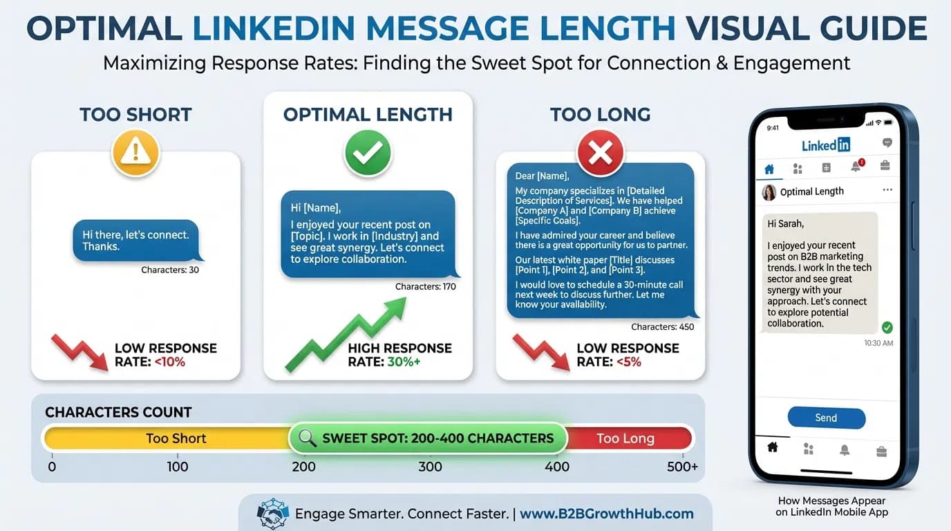 LinkedIn message length analytics dashboard showing optimal character counts and response rate correlations