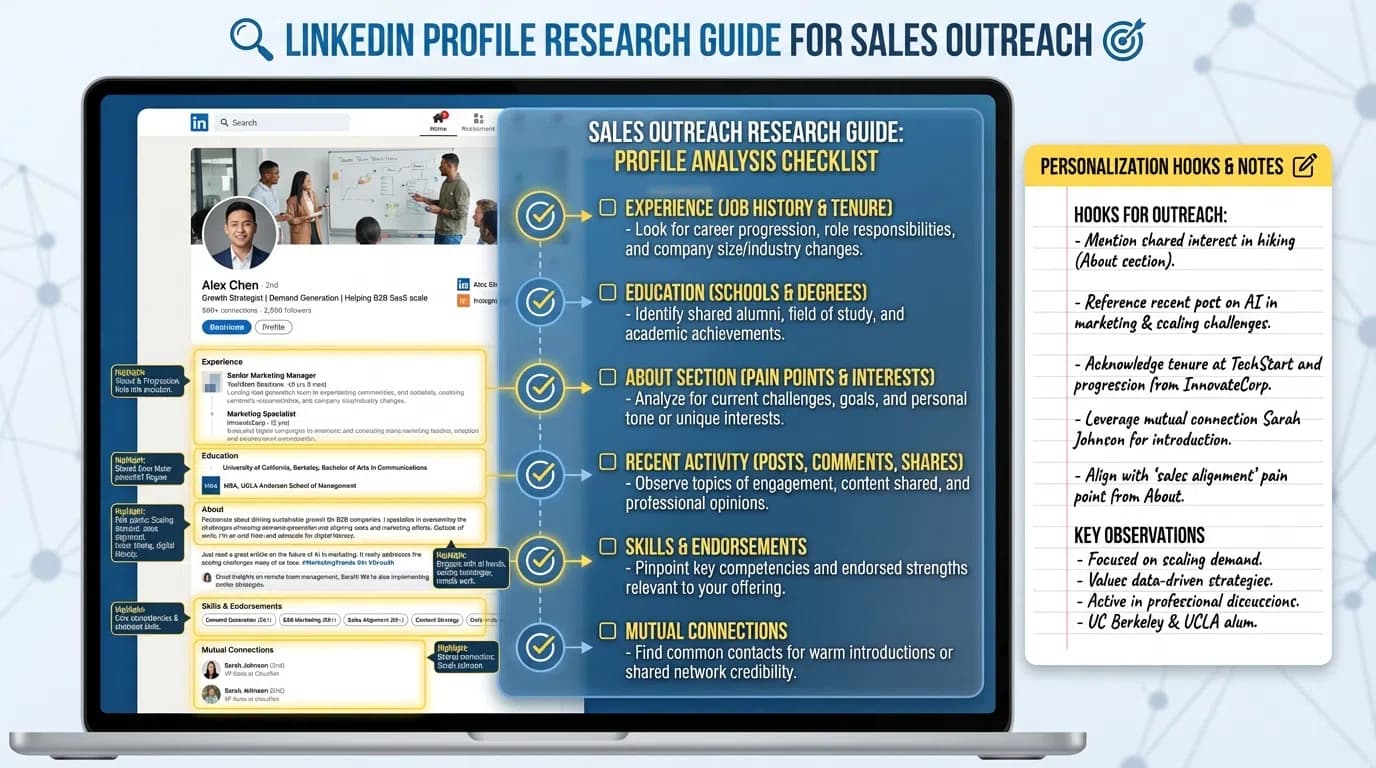 SDR reviewing LinkedIn profile with highlighted areas showing key research elements for personalization