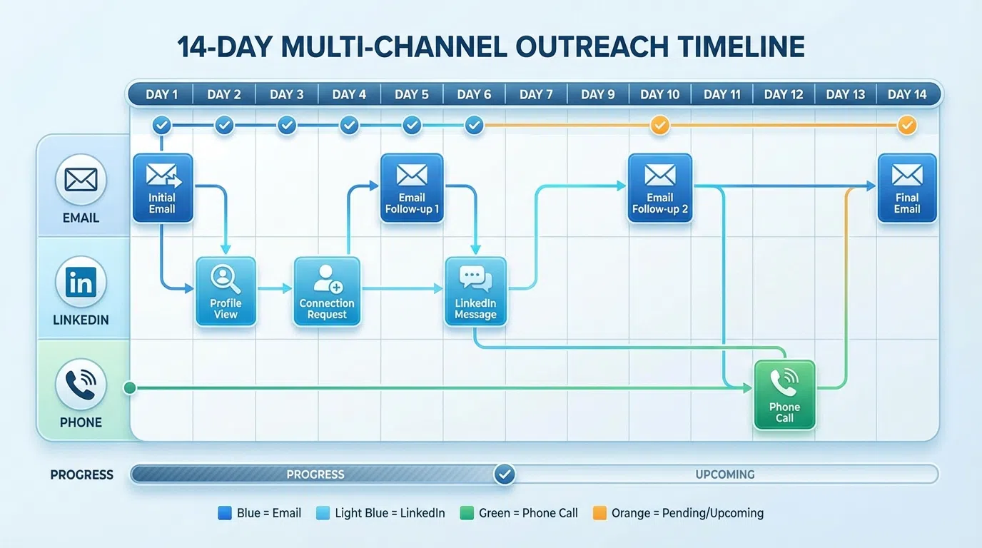 14-day multi-channel cold outreach sequence showing coordinated email, LinkedIn, and phone touchpoints leading to meeting booking