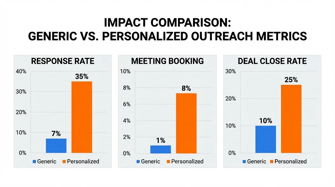 Comparison showing generic template message vs profile-researched personalized message with response rate differences
