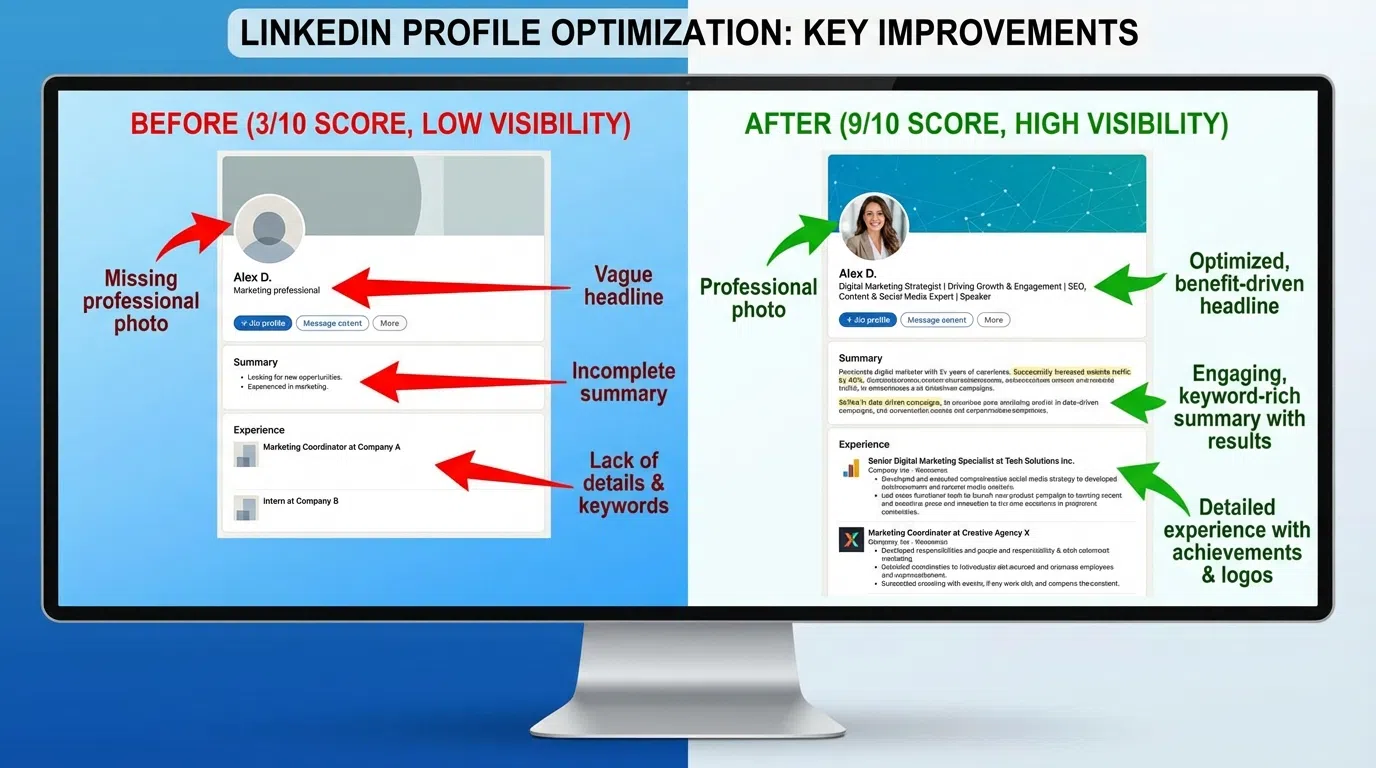 LinkedIn profile optimization comparison showing before (resume-style) vs after (value-focused) with conversion rate improvement