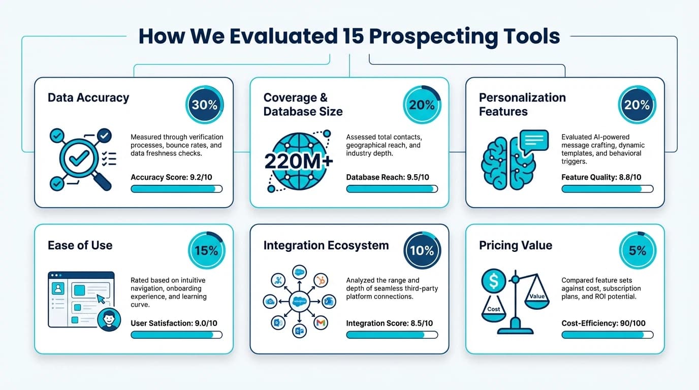Comparison dashboard showing sales prospecting tools evaluation criteria and scoring methodology