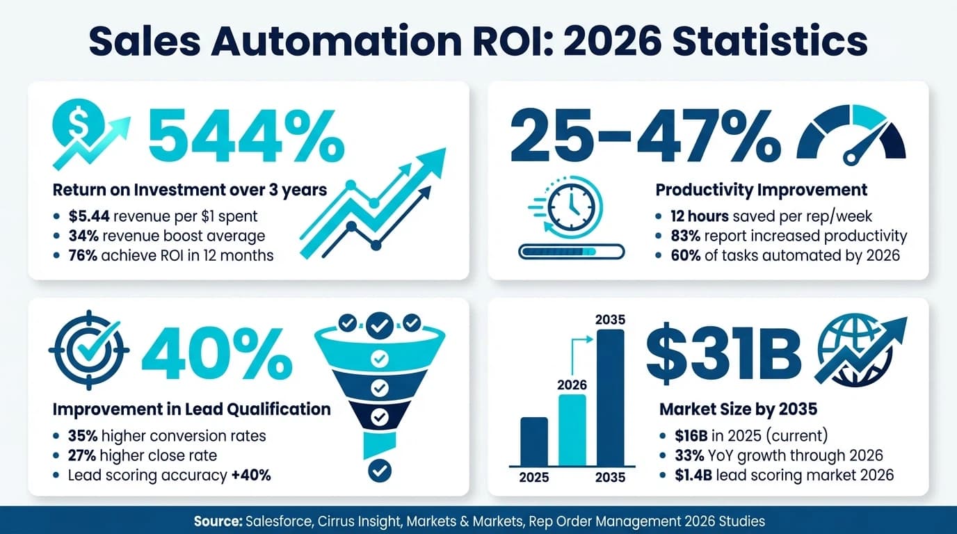 Sales automation ROI statistics showing 544% return, 34% revenue boost, and 76% achieve ROI within 12 months across 4 key impact areas