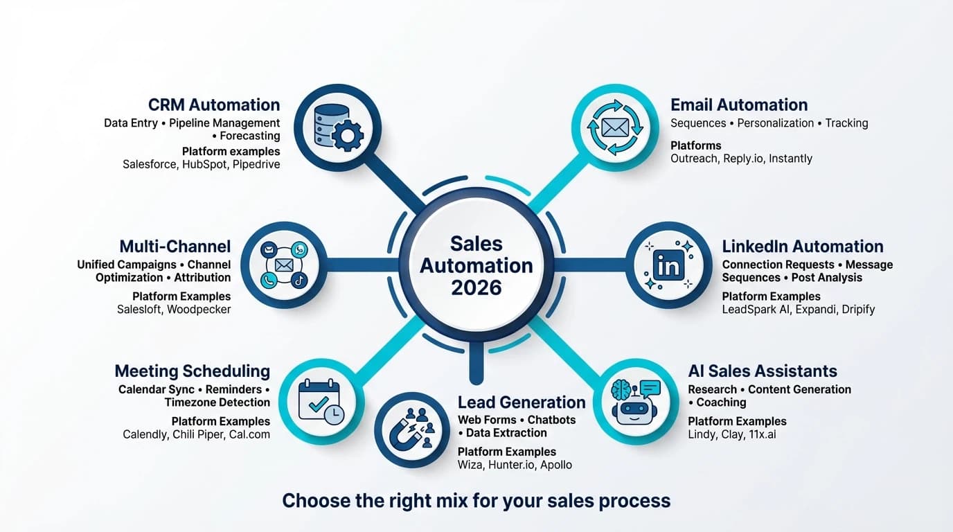 7 types of sales automation in circular diagram: CRM, email, prospecting, lead scoring, meeting scheduling, social media, and reporting automation with key features and platforms