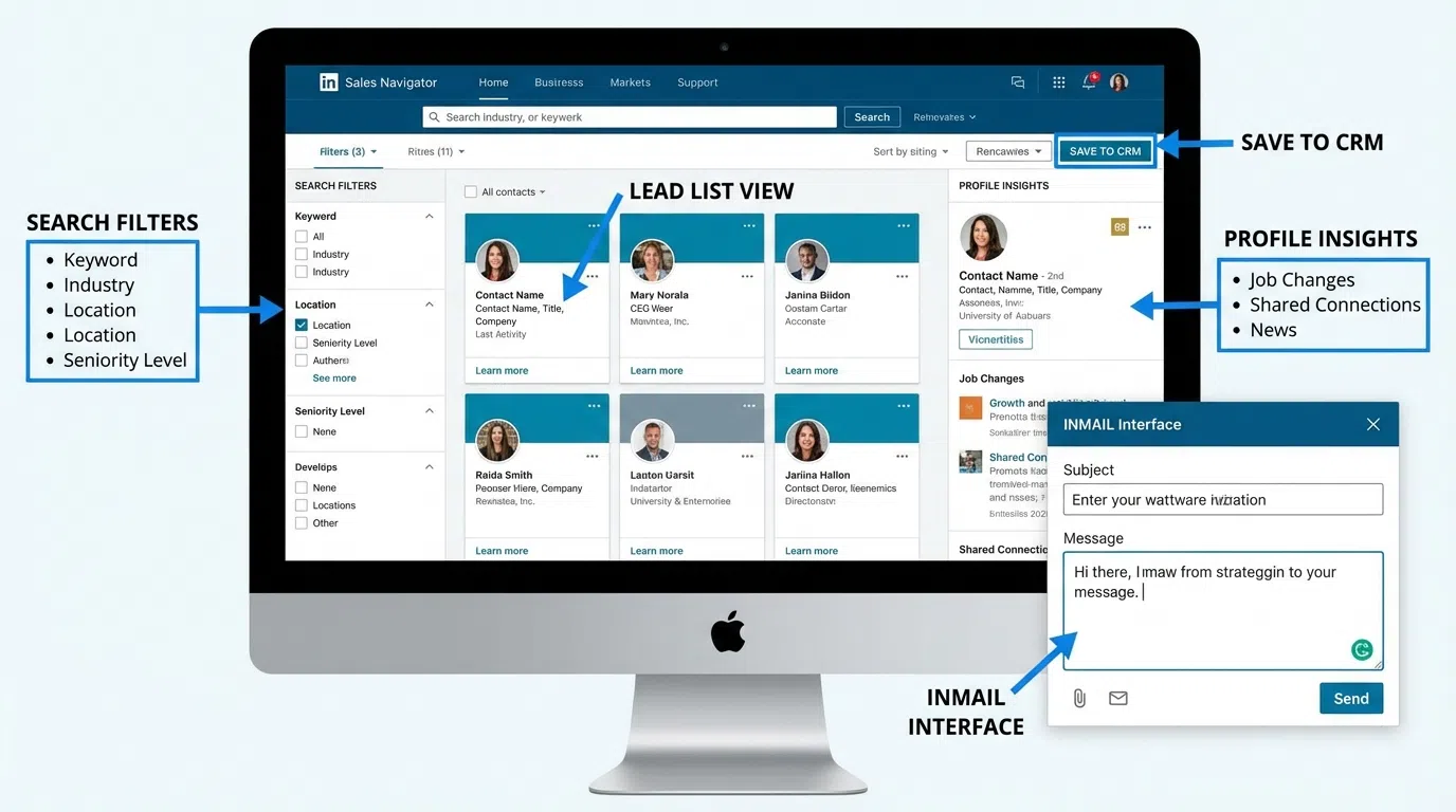 LinkedIn Sales Navigator dashboard showing advanced search filters and lead recommendations