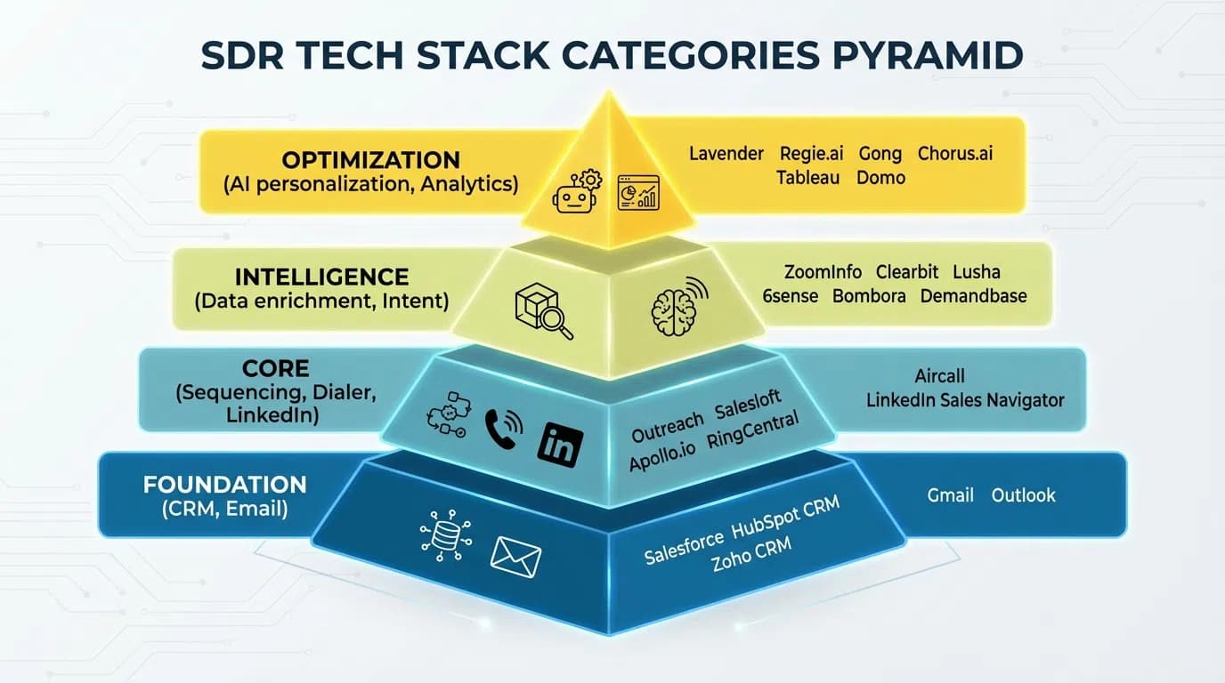 SDR tech stack categories diagram showing 7 core tool types and how they integrate to power the sales development process