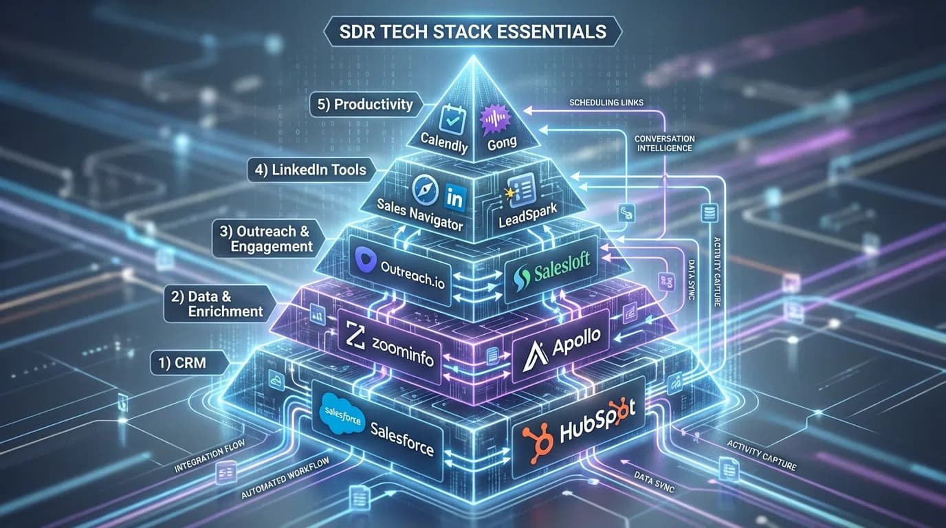 Modern SDR tech stack dashboard showing integrated sales tools for prospecting, engagement, and analytics