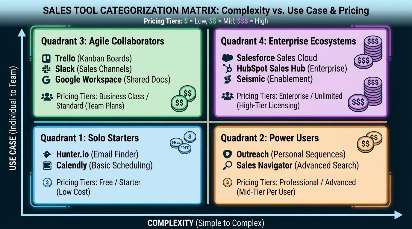 Category comparison matrix showing four tool categories with use cases, pricing ranges, and best-fit scenarios