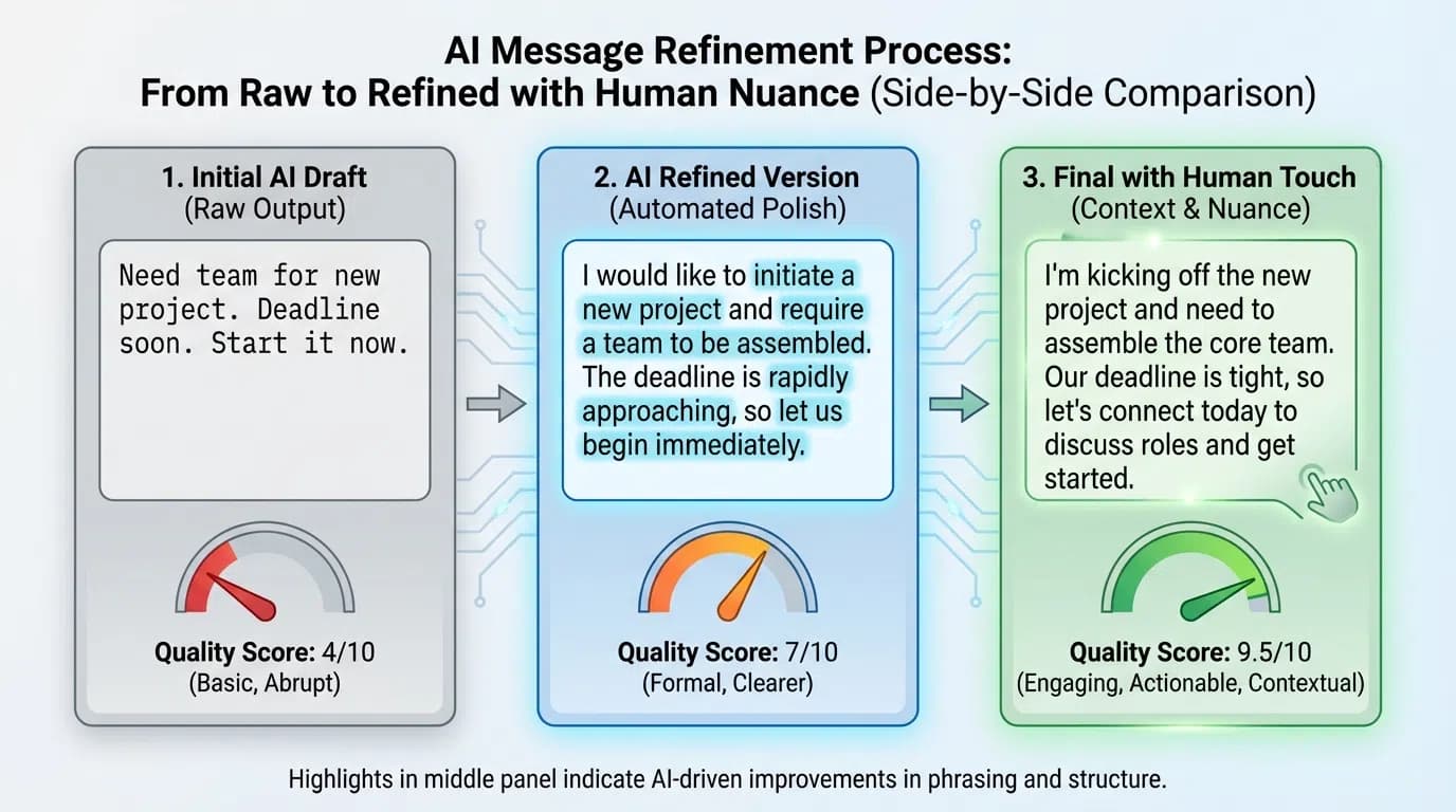 Comparison of AI-generated vs human-refined LinkedIn personalization showing before and after examples