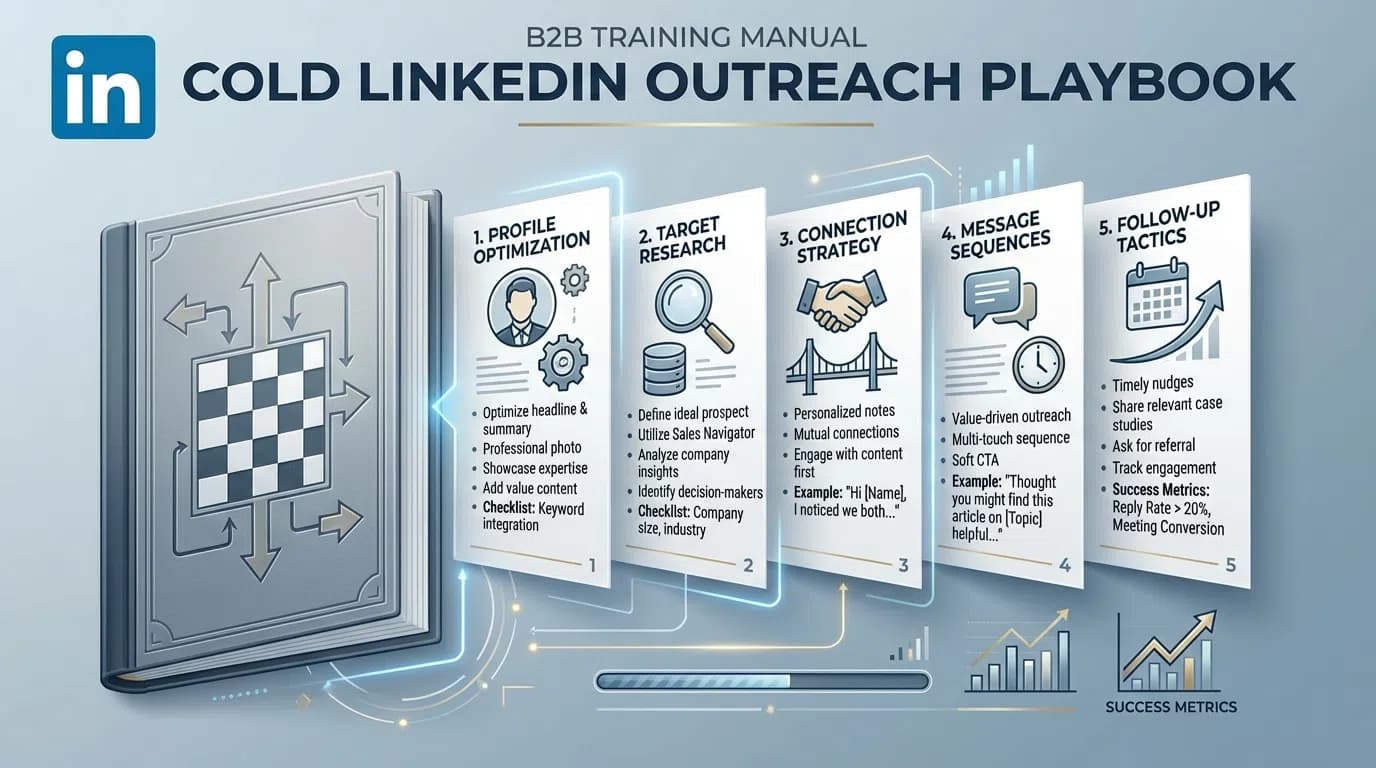 Complete cold LinkedIn outreach workflow dashboard showing prospecting sequence and messaging strategy