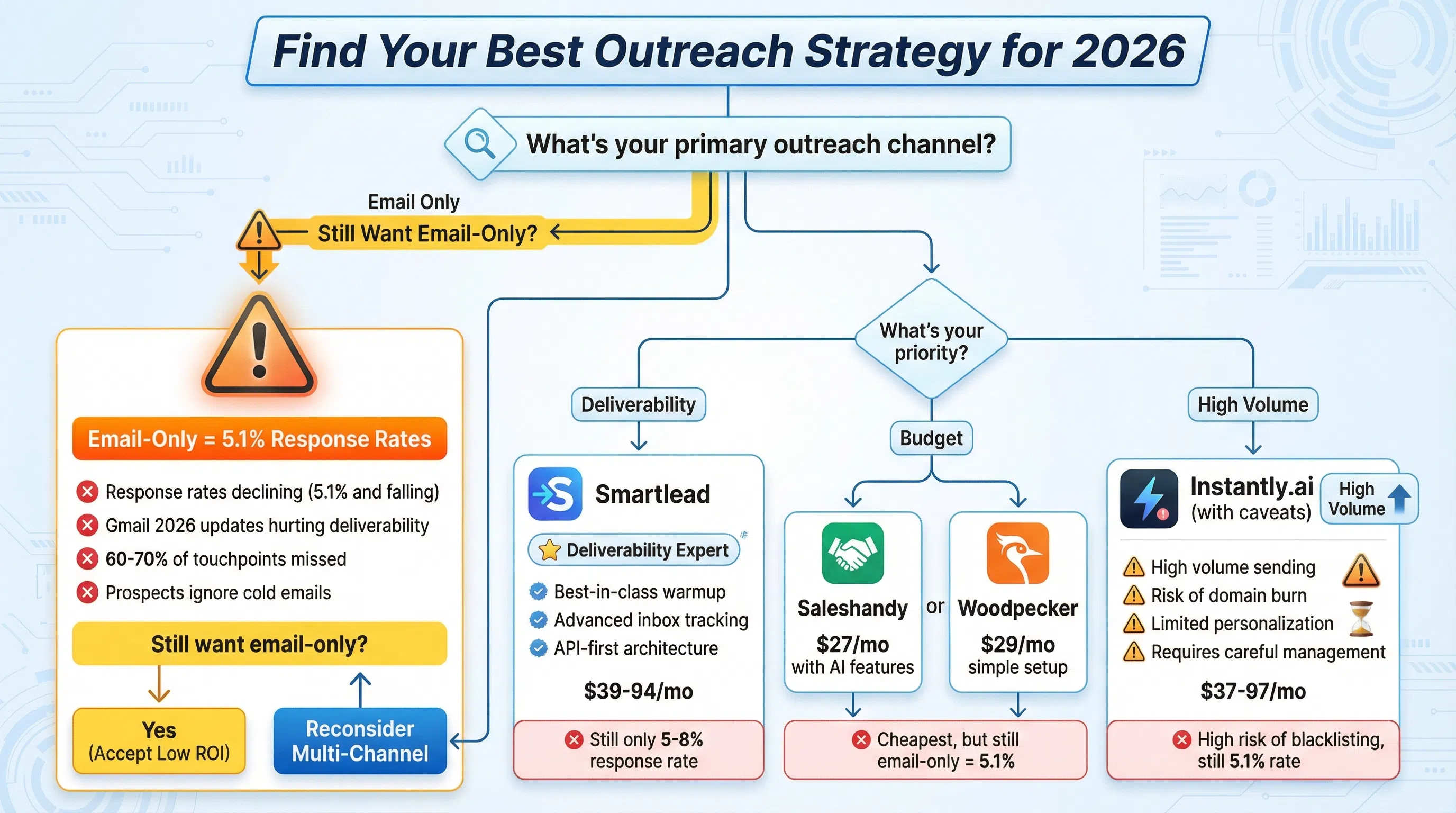 Decision tree guiding users to the best Instantly.ai alternative based on channels, budget, and team size