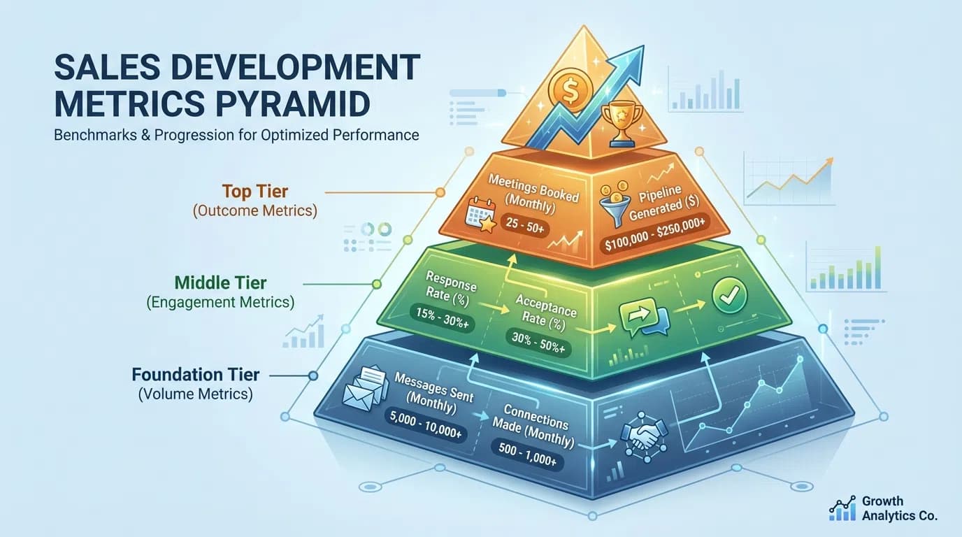 LinkedIn prospecting metrics pyramid showing activity metrics at base, engagement metrics in middle, and outcome metrics at top