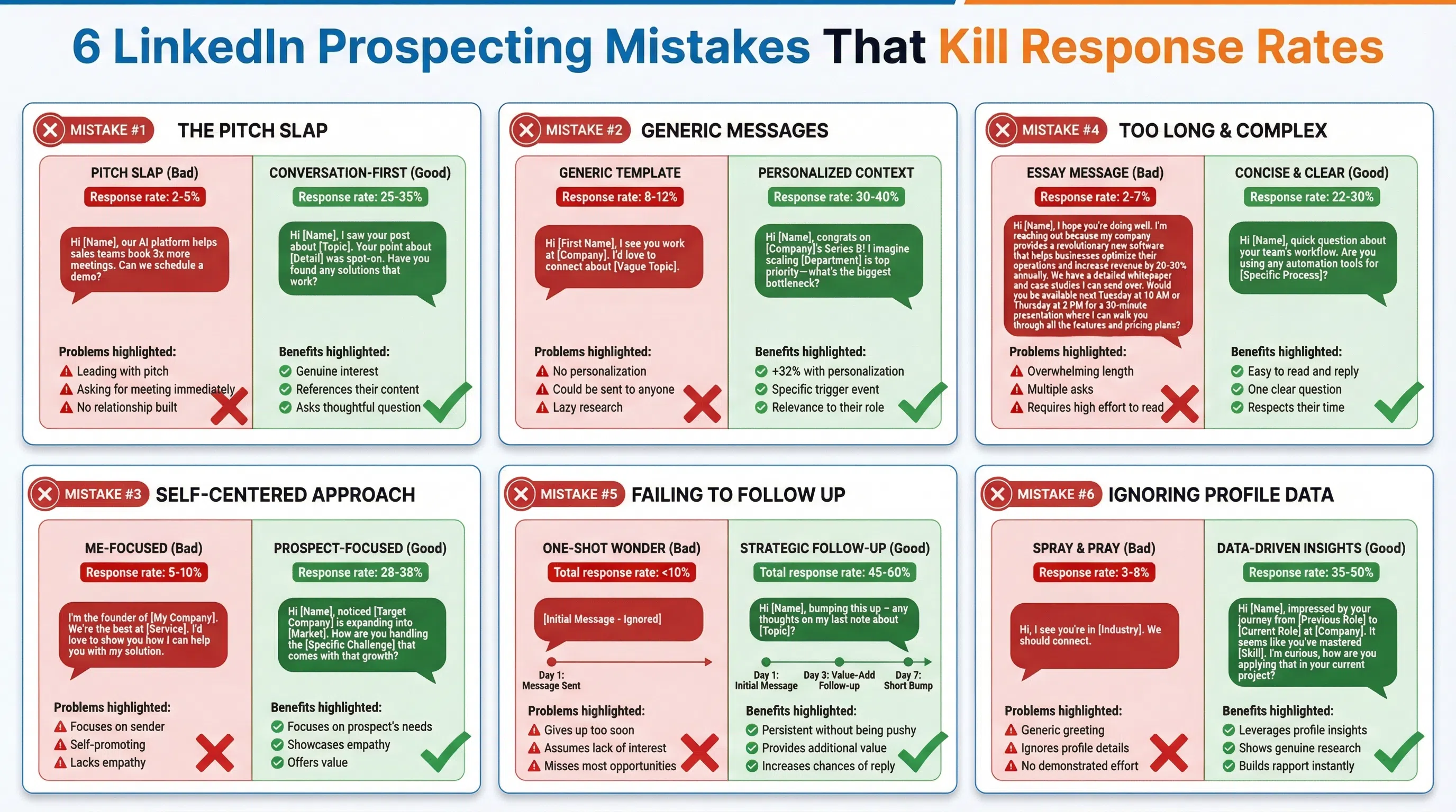 Visual breakdown of the 6 LinkedIn prospecting mistakes that kill response rates (pitch slaps, generic messages, asking for meetings too early, long messages, overly formal tone, over-following up) with examples of bad vs good approaches and response rate impact