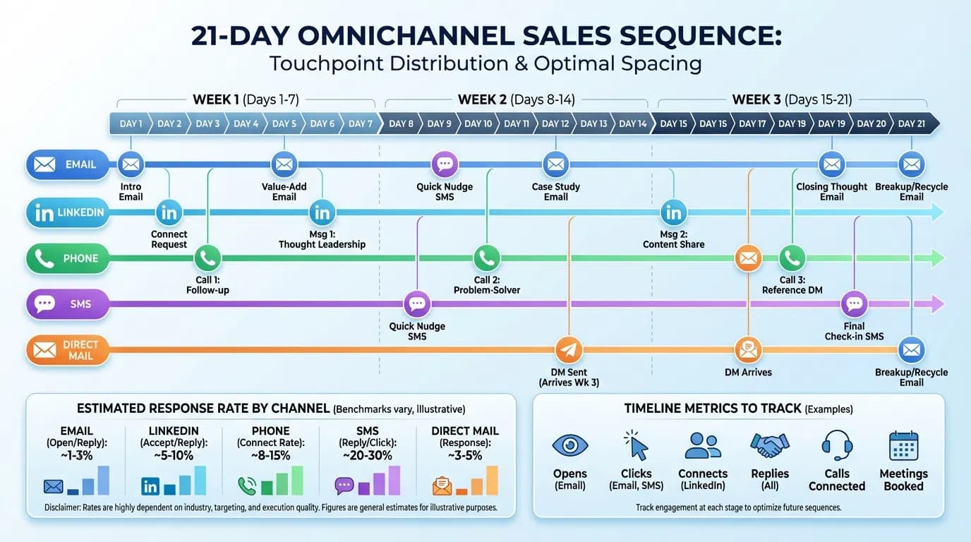 Omnichannel cold outreach sequence showing LinkedIn, email, and phone touchpoint coordination