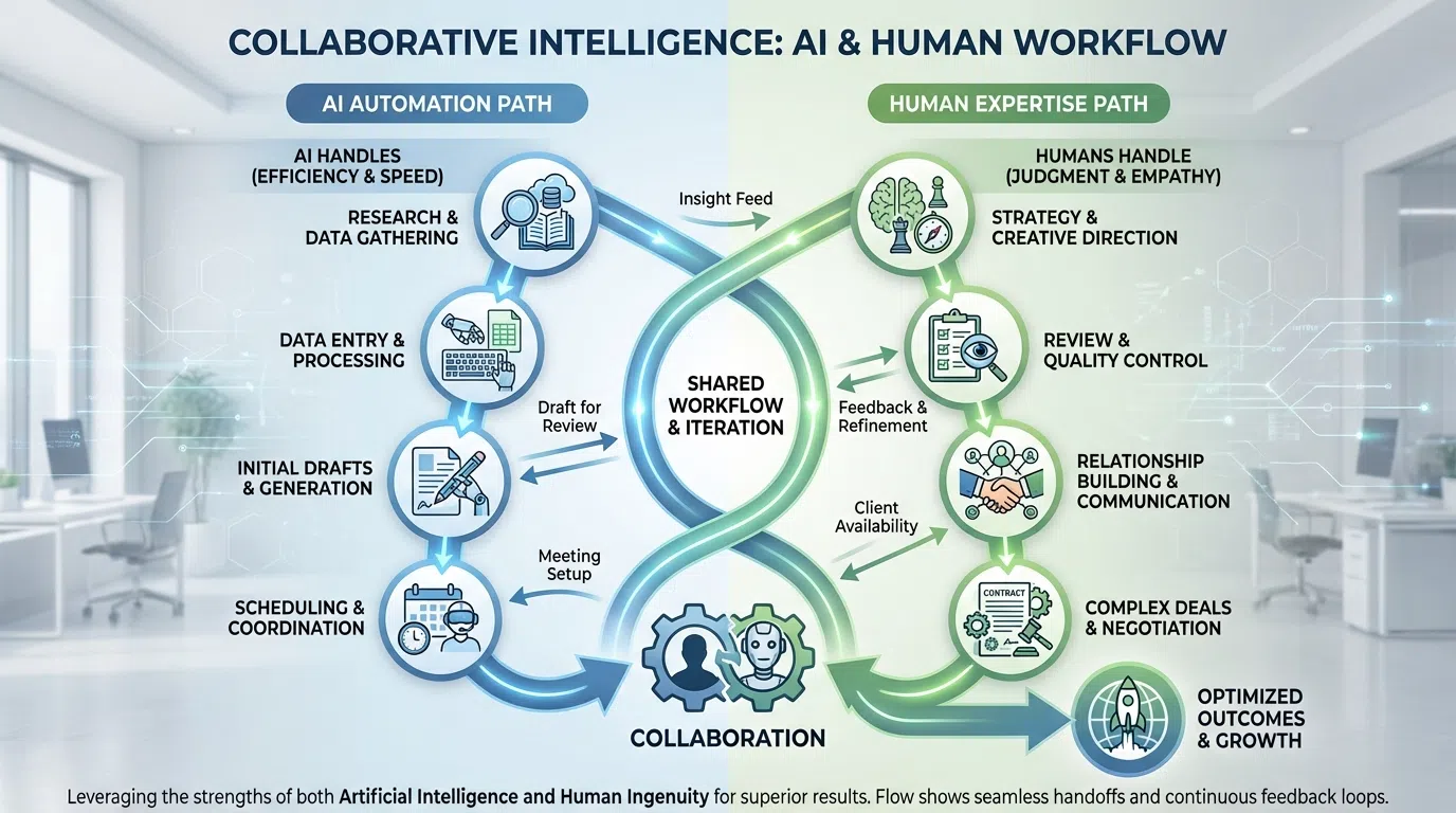 Workflow diagram showing AI and human responsibilities in personalized LinkedIn outreach