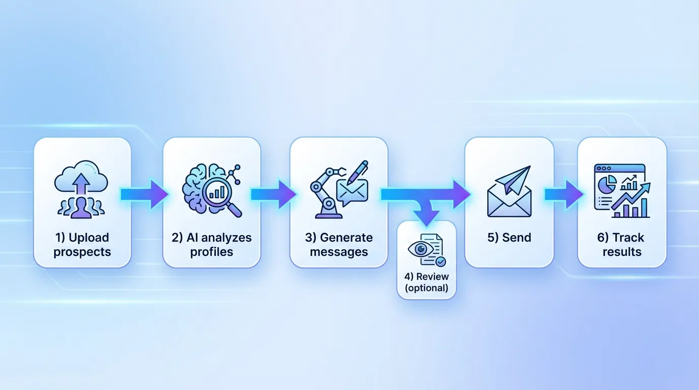 AI personalization workflow diagram showing data collection, analysis, message generation, and continuous optimization loops