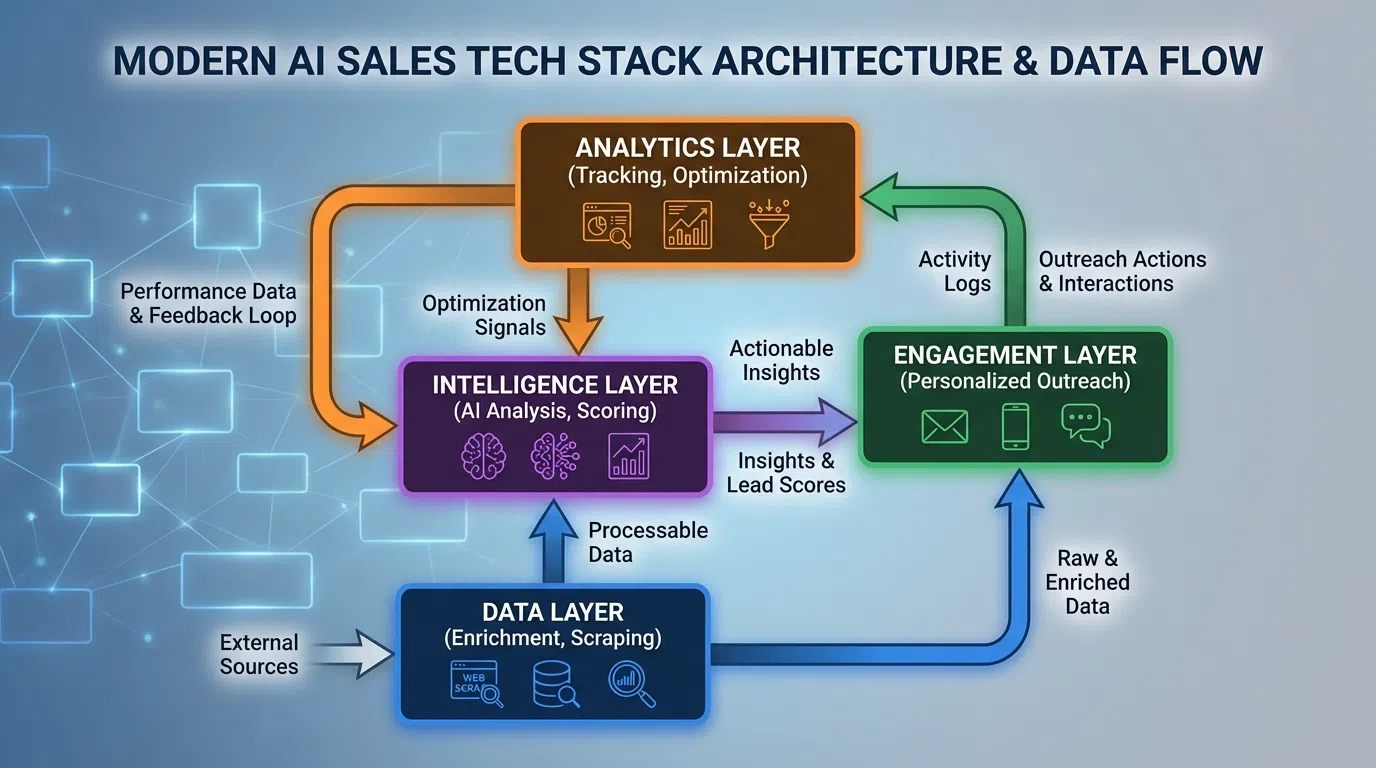 AI technology stack diagram showing LLMs, NLP, machine learning, and data integration layers powering sales personalization