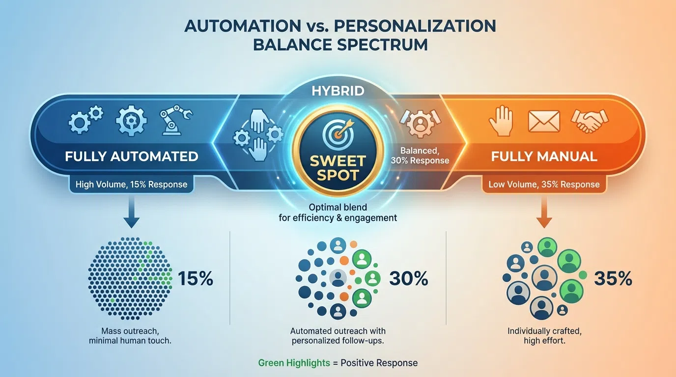 LinkedIn automation vs personalization spectrum showing pure approaches vs hybrid model