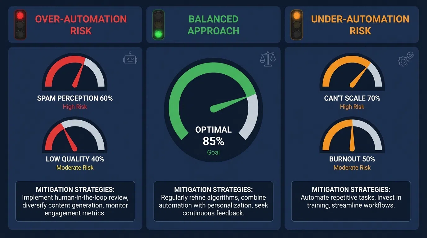 Warning dashboard showing LinkedIn account restriction triggers: low acceptance rates, high volume generic messages, automation detection