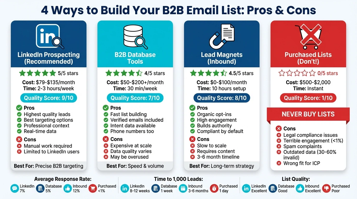 Comparison chart showing 4 methods for building B2B email lists including LinkedIn prospecting, database tools, lead magnets, and why to avoid purchased lists