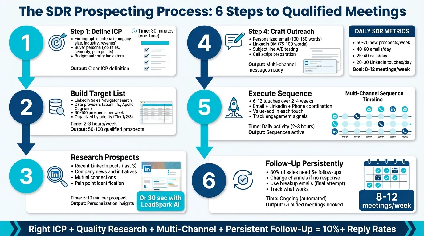 6-step B2B prospecting process flowchart from ICP definition to qualified meetings with time estimates for each stage