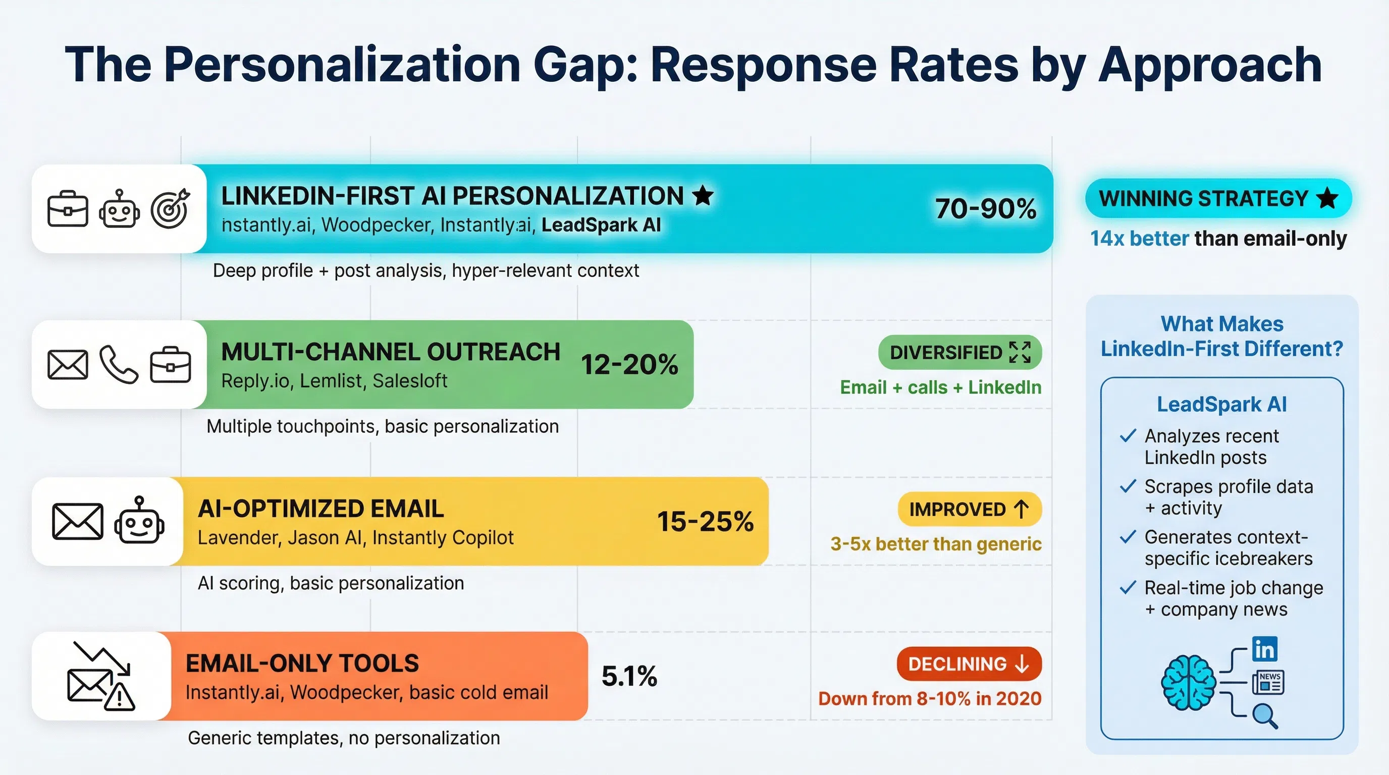 AI personalization tools comparison showing response rate improvements: email-only tools (5.1% average), AI-optimized email (15-25%), LinkedIn-first personalization (70-90%), with feature breakdowns and pricing