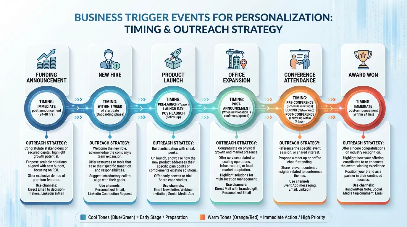 Business trigger timeline showing optimal outreach moments after company events