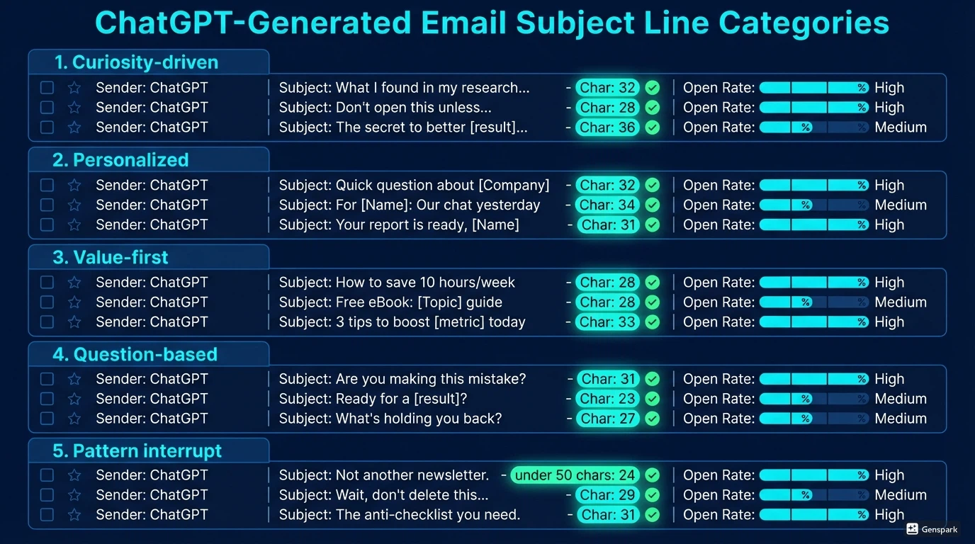 AI-generated email subject line templates for cold outreach with character count optimization