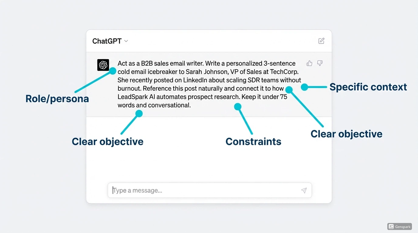 Screenshot showing proper ChatGPT prompt structure for sales email generation