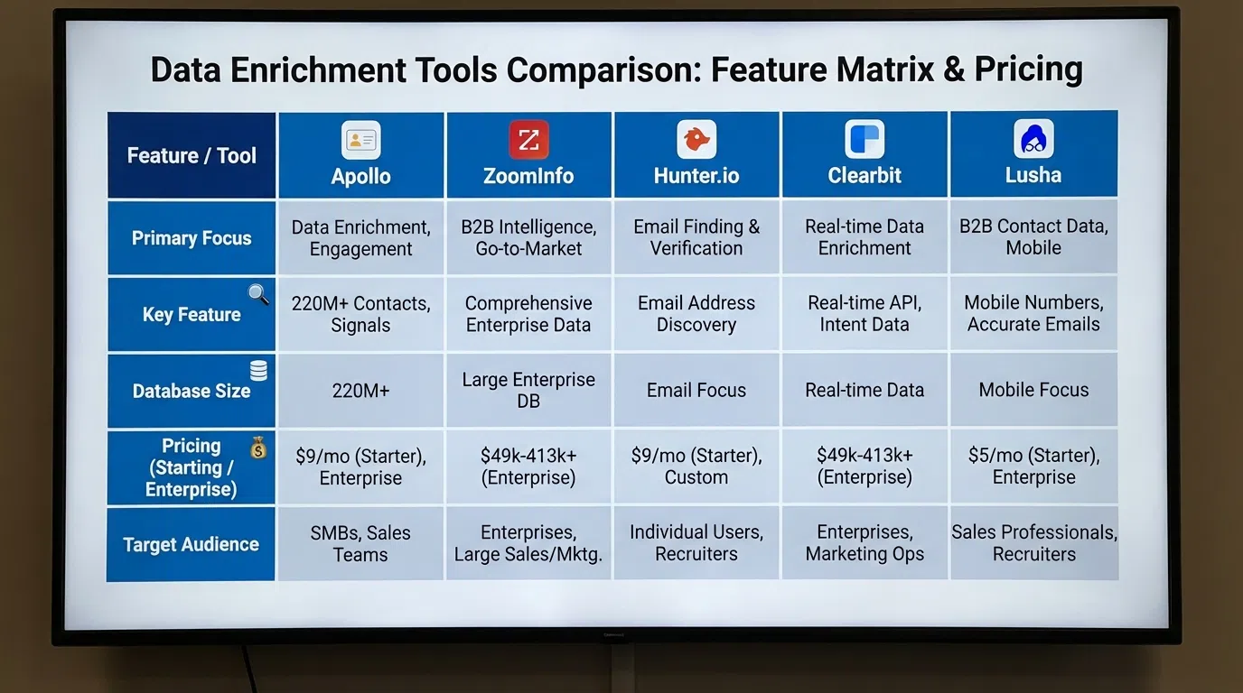 Data and intelligence tools comparison showing database sizes, accuracy rates, and pricing for ZoomInfo, Apollo, Cognism, and UpLead
