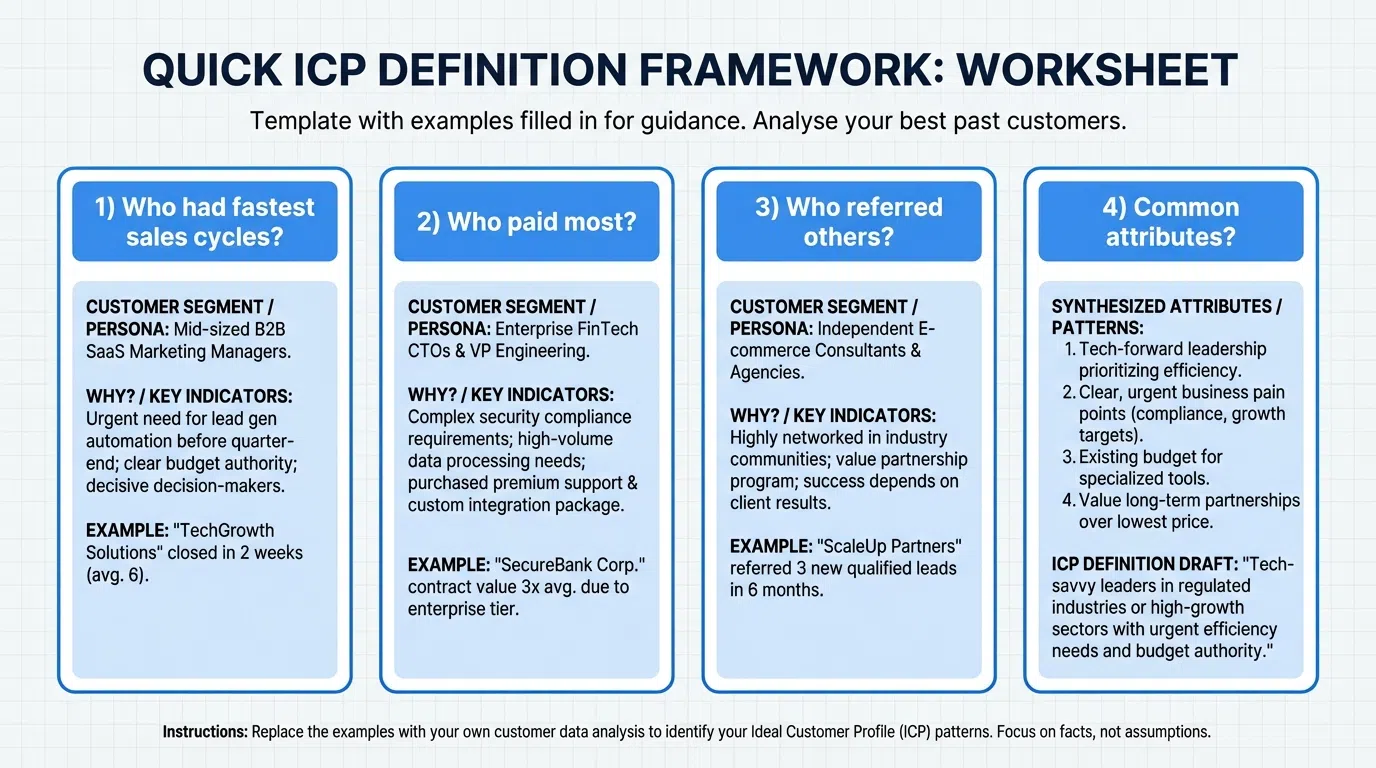 Quick ICP framework showing three fast-start targeting options with examples and expected response rates
