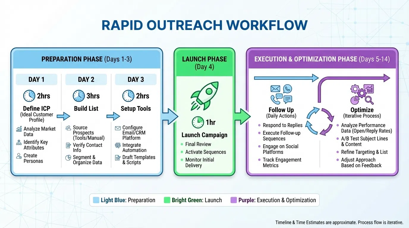 Fast-track outreach workflow showing AI research, template creation, and automated sequence launch timeline
