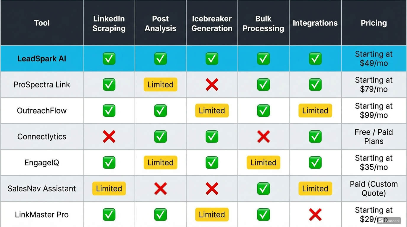 Feature matrix showing which tools excel in which areas