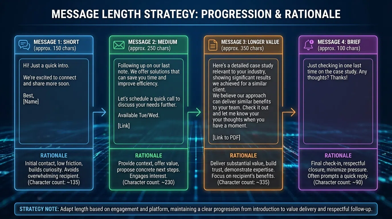 Follow-up message length progression showing decreasing character counts across sequence