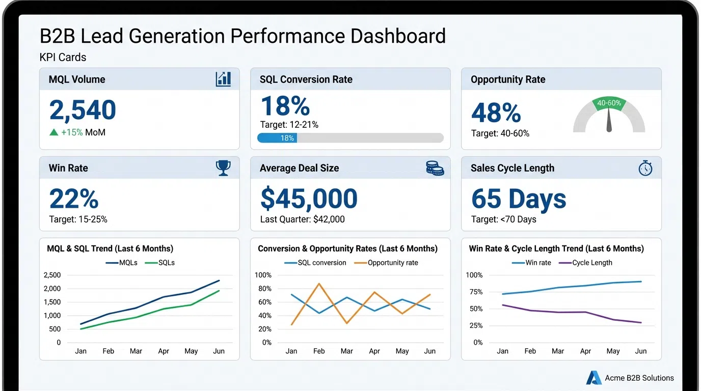 LinkedIn lead generation metrics dashboard showing funnel from prospects contacted to closed deals with conversion rates at each stage