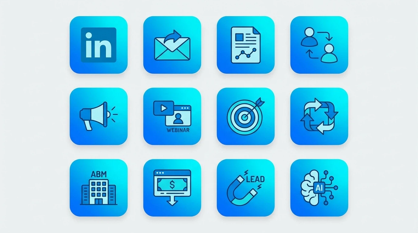 Overview of 12 B2B lead generation strategies including LinkedIn, email, content, and AI